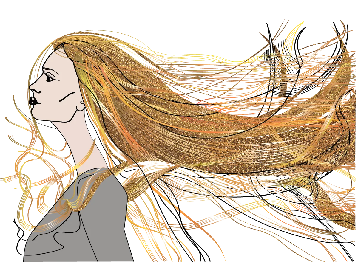 Signature golden-hair illustration from the salon