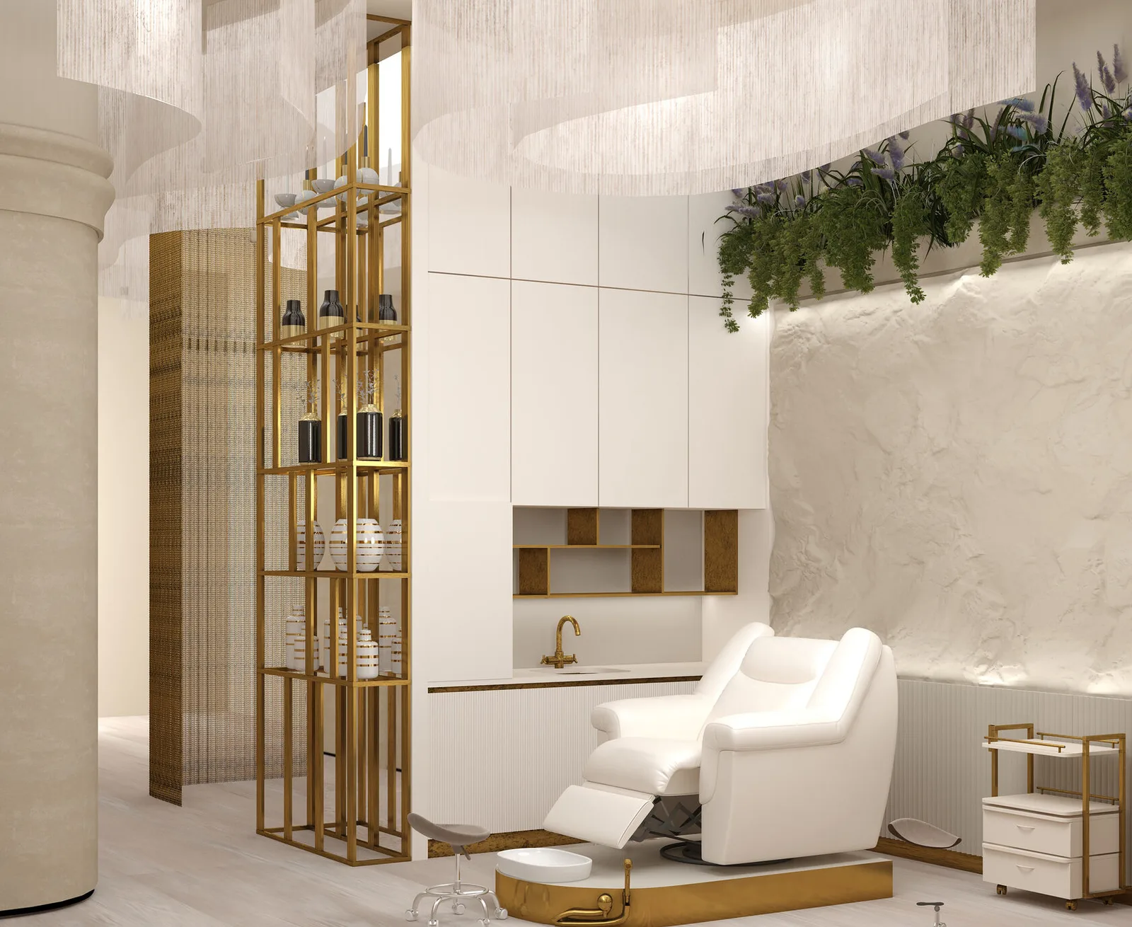 Pedicure station with gold shelving and soft white chair