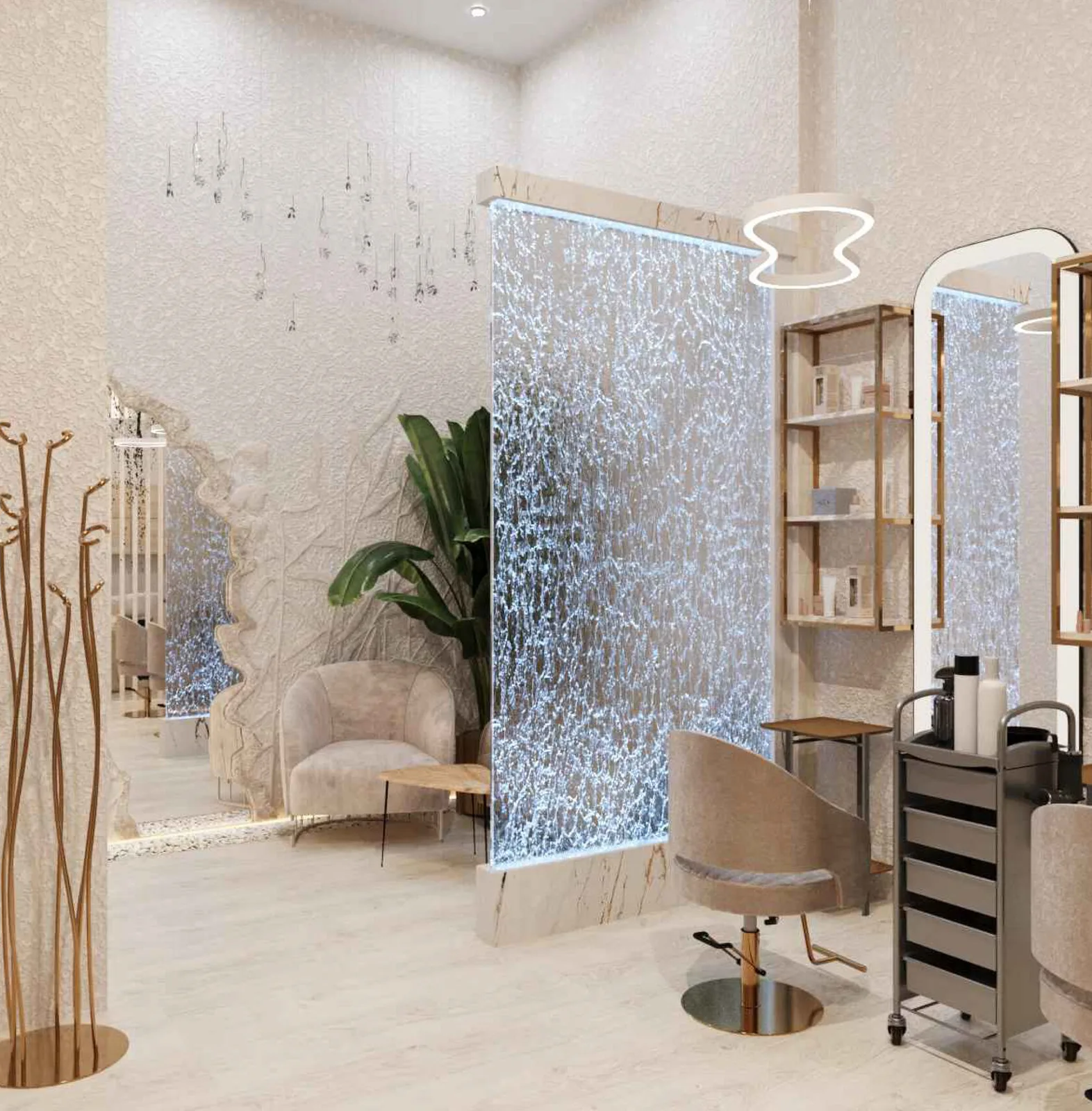 INSIDE JUMEIRAH interior with a backlit water wall and styling mirrors