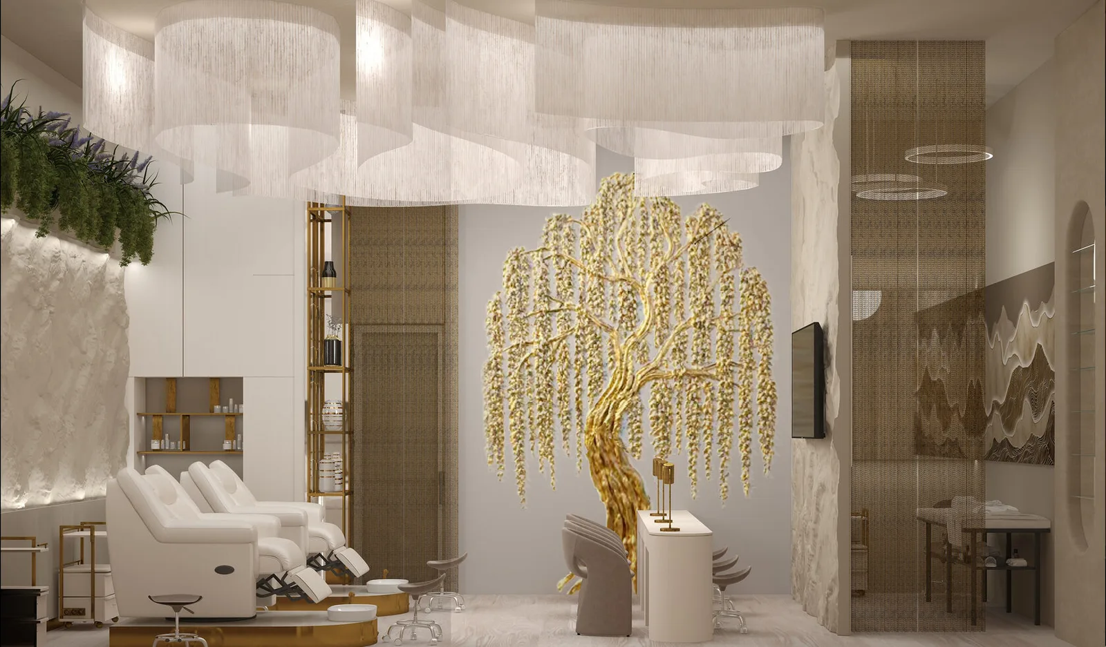 Salon interior with a golden willow feature and styling area