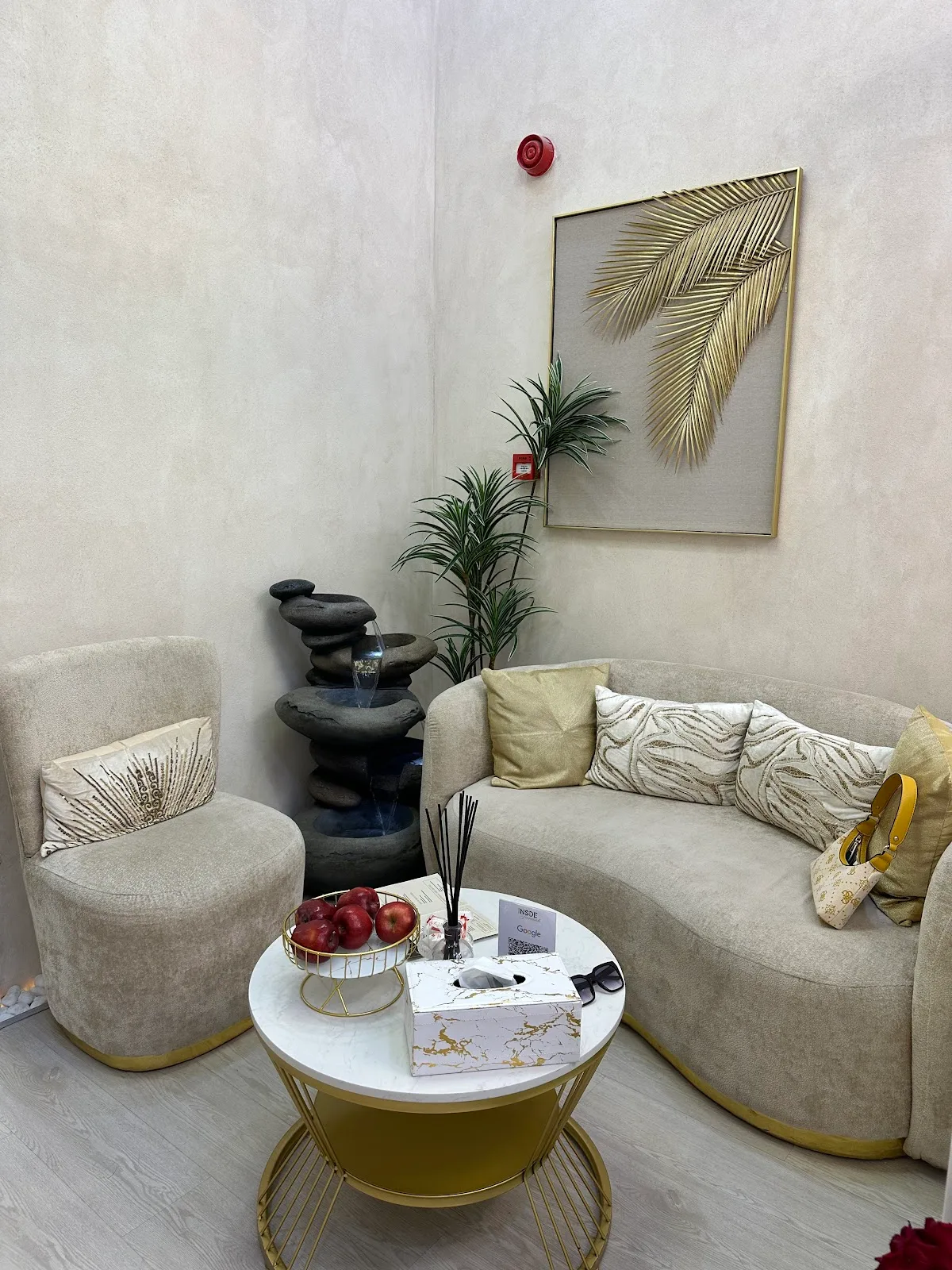 Soft lounge corner with stone water fountain