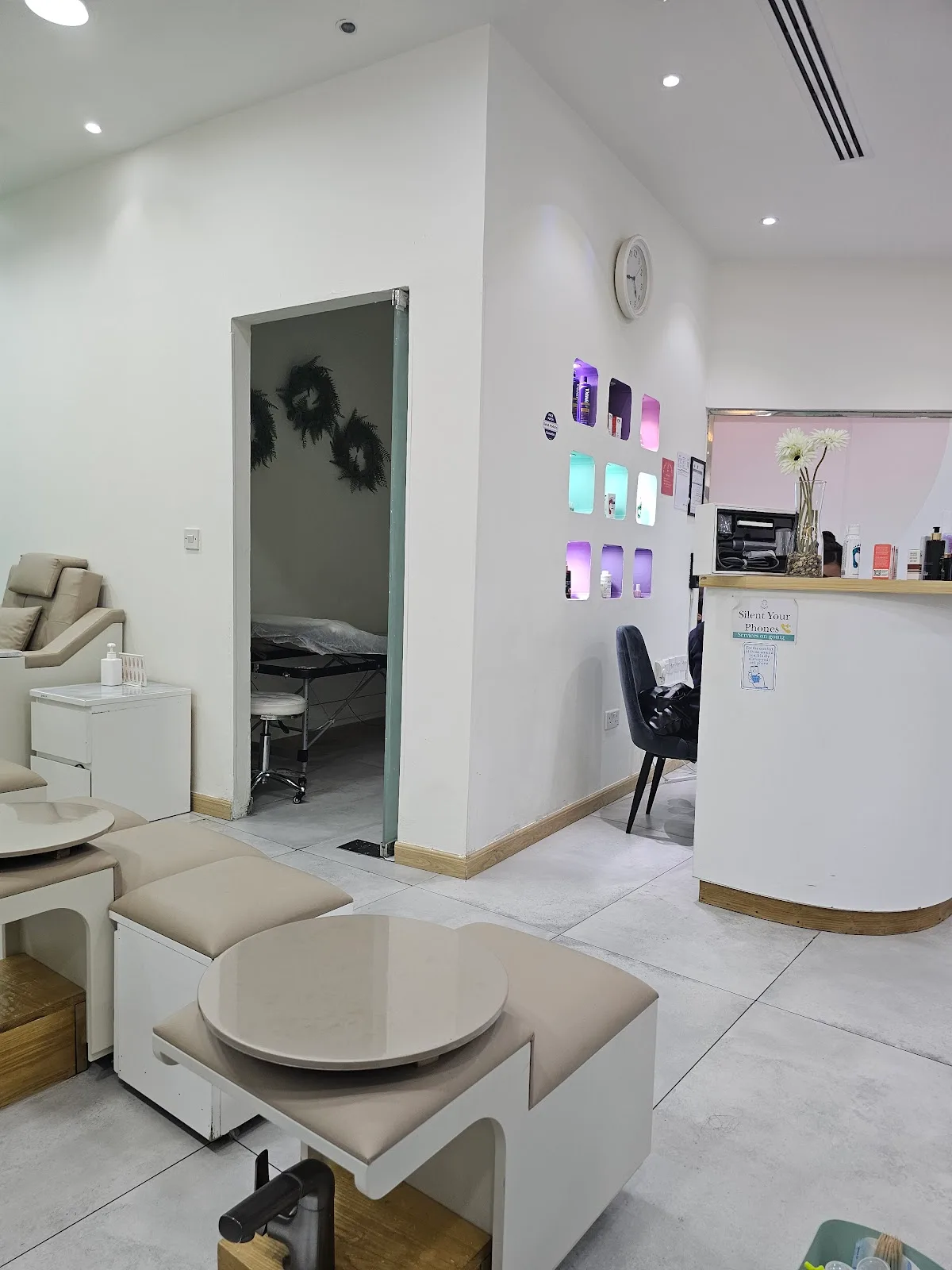 Inside Mimosa Beauty Lounge — pedicure seating and reception