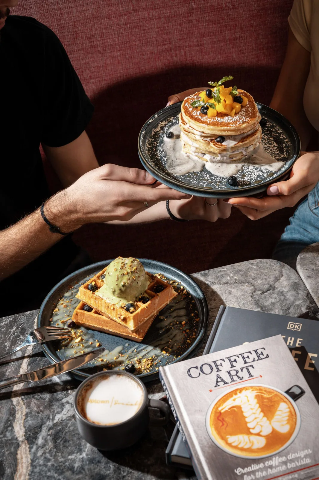 Pancake stack and waffle with ice cream