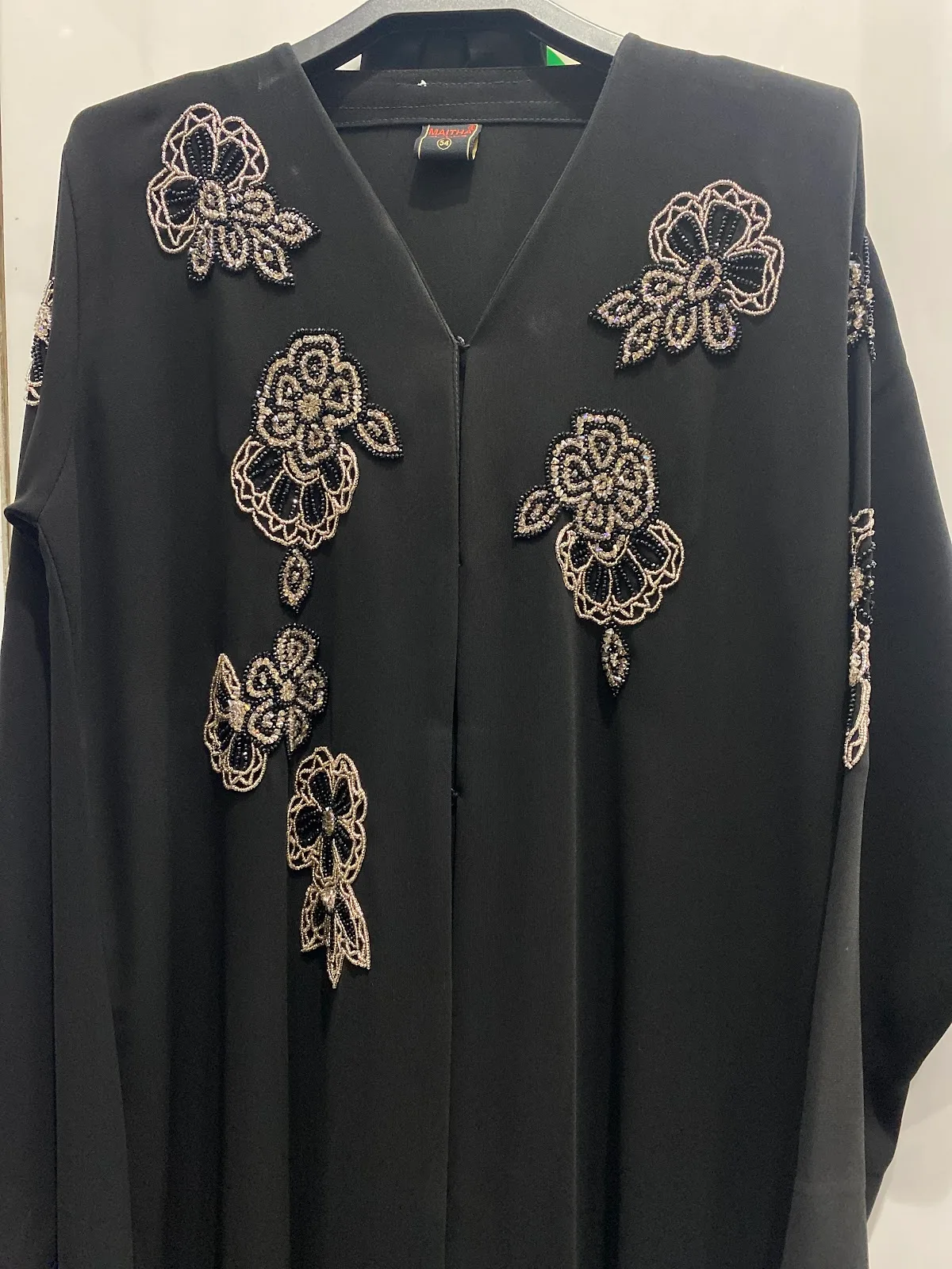 Black abaya with gold and black beaded floral appliqué