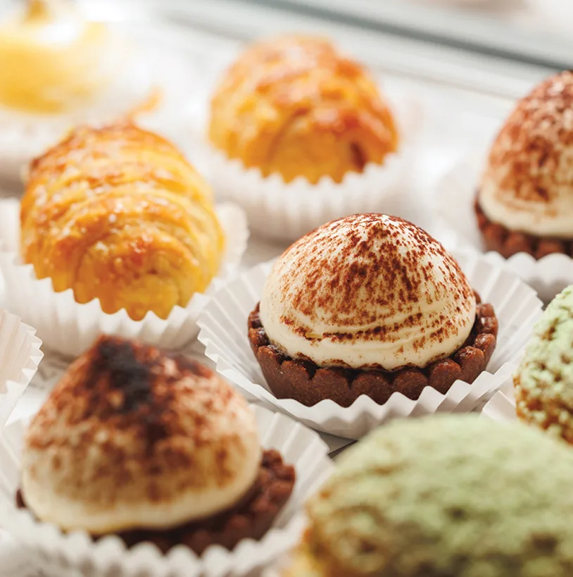 Assorted Italian pastries dusted with cocoa in paper cases