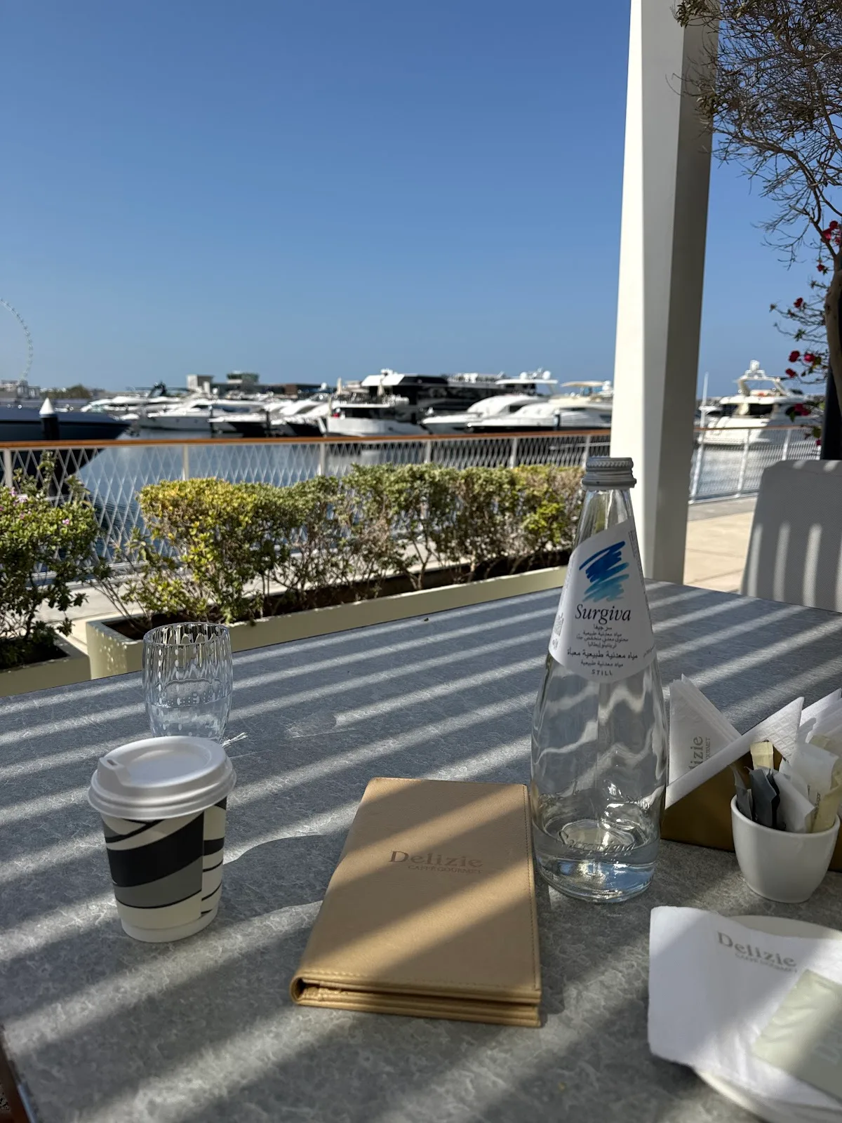 A marina-front table with a Delizie menu and water, yachts beyond