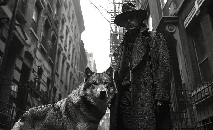 Editorial monochrome image of a man walking with a wolf — The Syndicate brand world
