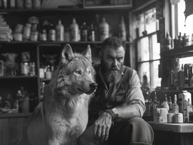 A bearded man seated with a wolf inside a barbershop setting