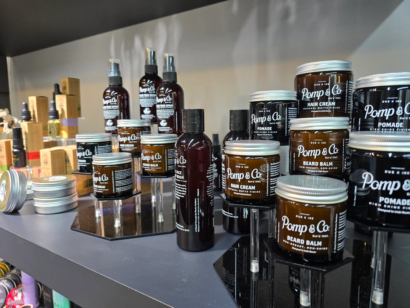 Pomp and Co grooming products displayed on the counter