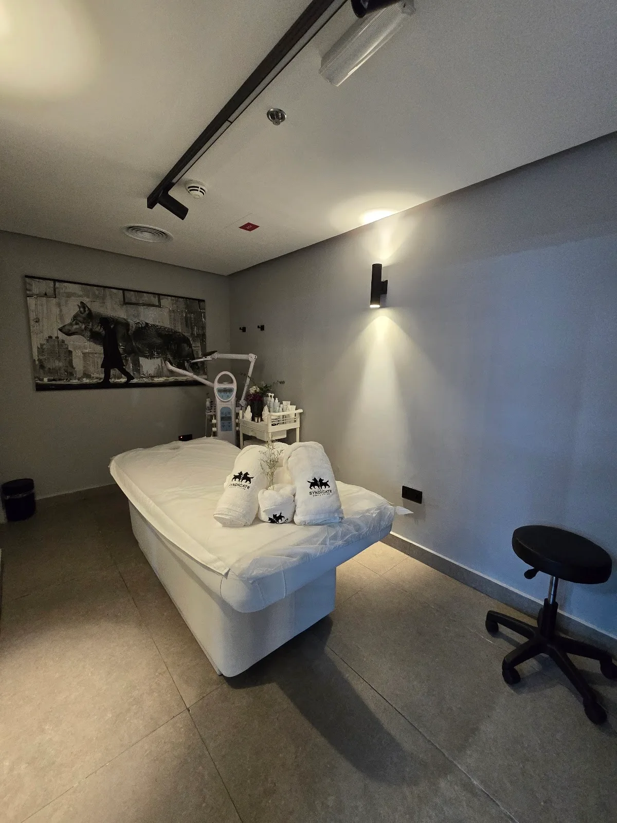 Private spa and massage room with wolf artwork