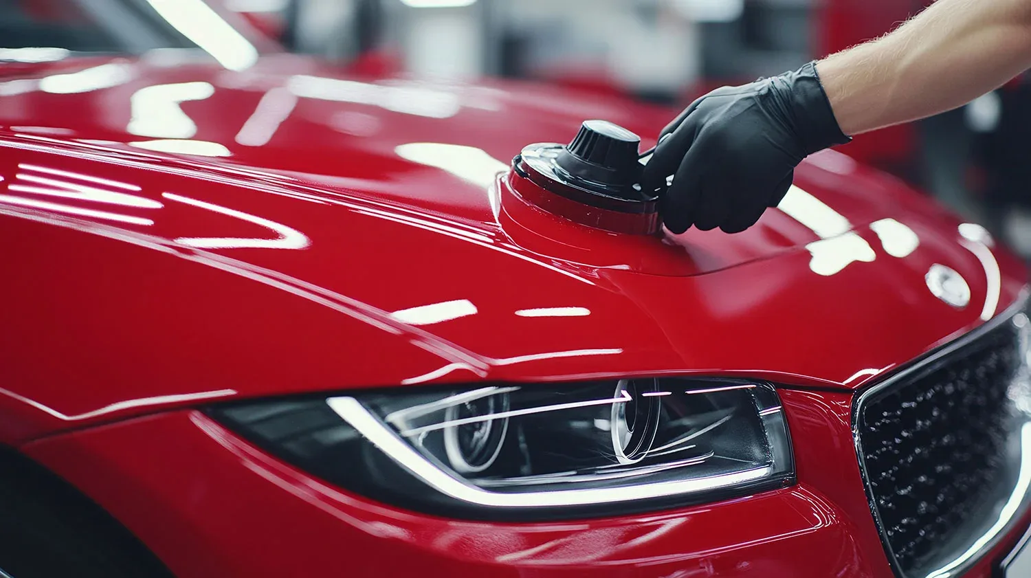 Close-up of a deep red car bonnet being machine polished