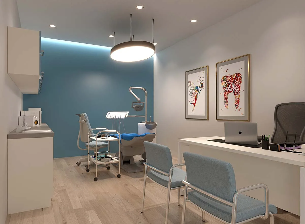 Bright dental treatment room with modern chair and equipment