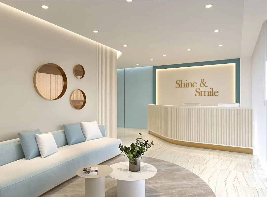 Shine and Smile reception desk with signage