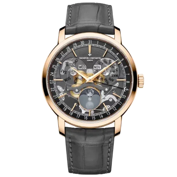 Vacheron Constantin Traditionnelle in rose gold with grey complication dial and leather strap
