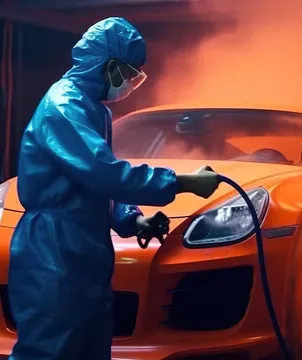 A car being refinished inside the paint booth at System X Car Care