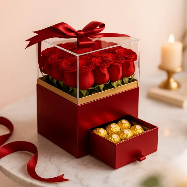Red roses in a deep red box with a clear lid and chocolate drawer