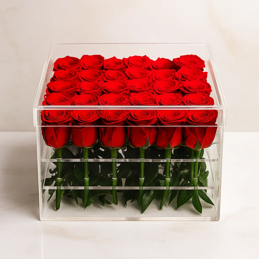 Red roses arranged in a clear tiered acrylic display box
