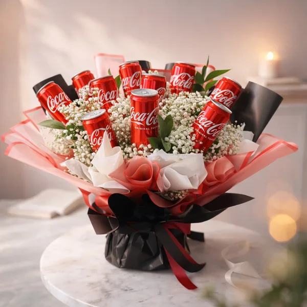 Playful bouquet built around drinks cans and white gypsophila