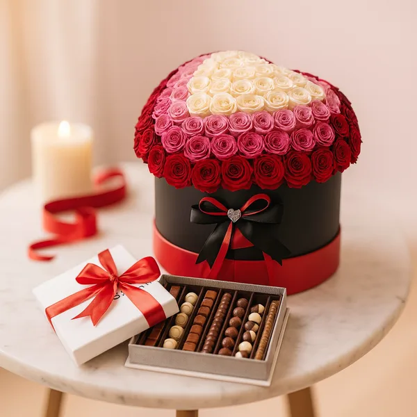 White heart box filled with red roses and chocolates