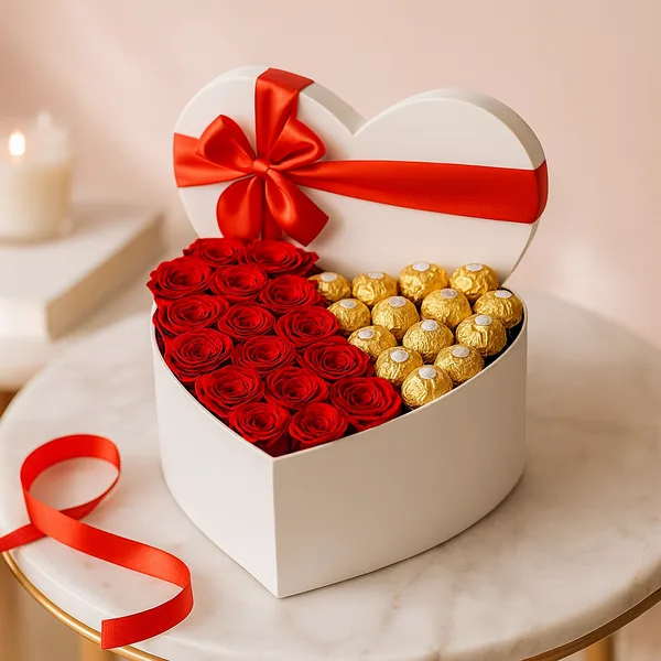 Heart box of red roses paired with gold-wrapped chocolates