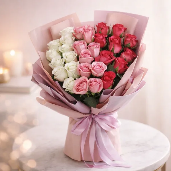 Hand-tied bouquet of pink, blush and red roses wrapped in soft paper