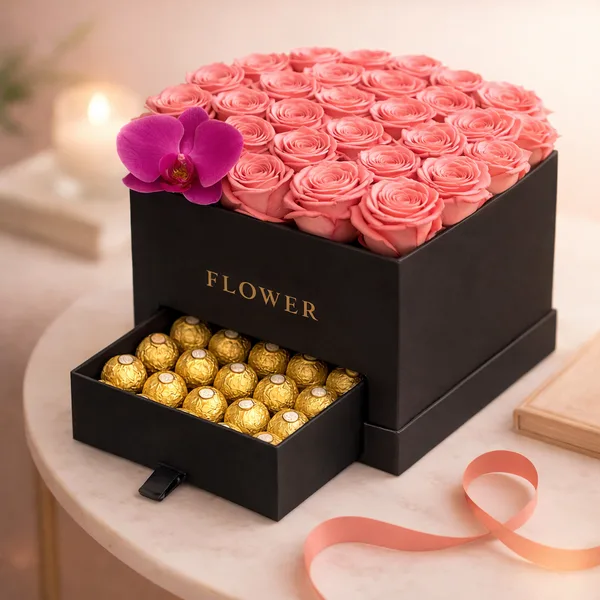 Box of blush pink roses with a chocolate drawer
