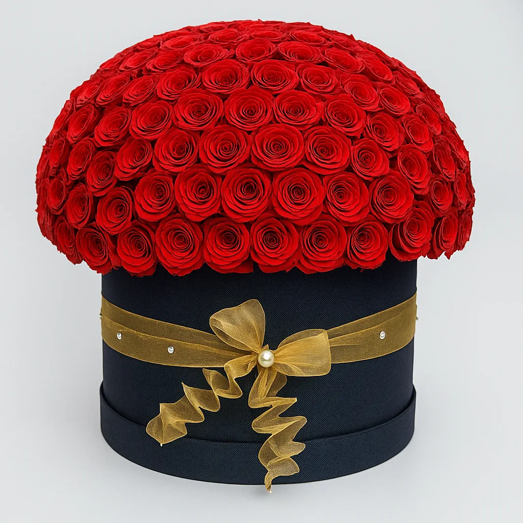 Dome of red roses in a navy hat box tied with a gold ribbon