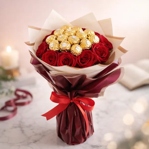Bouquet of red roses surrounding gold-wrapped chocolates