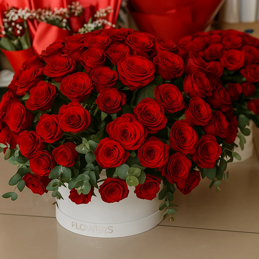 Round white box overflowing with red roses and eucalyptus
