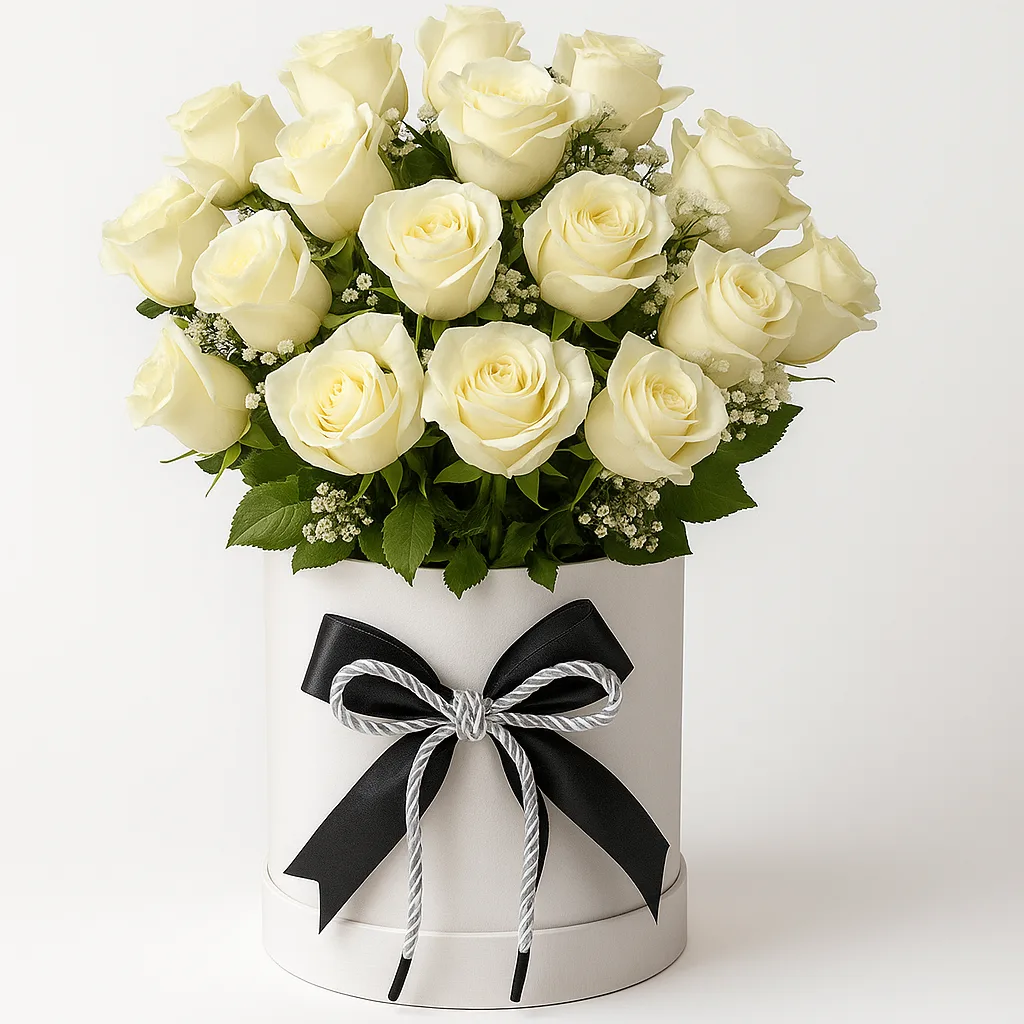White roses in a white hat box finished with a black ribbon