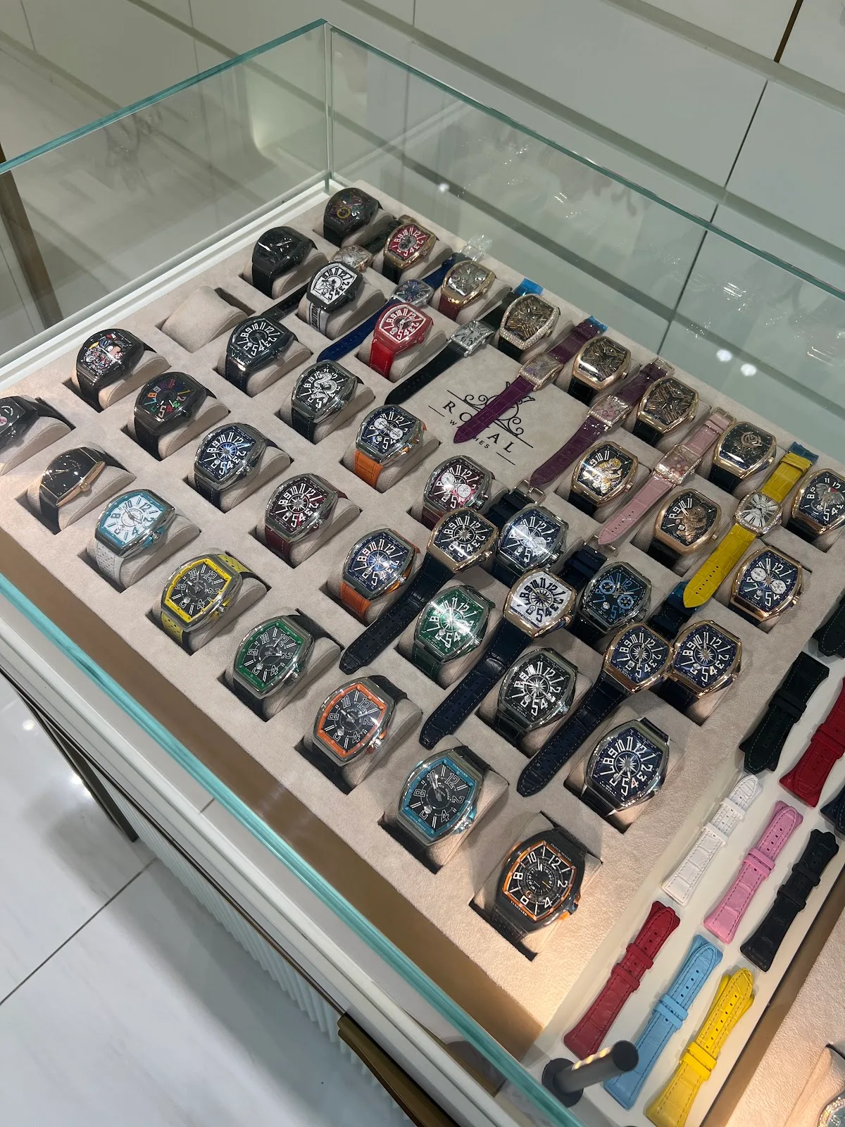 A display case of Franck Muller Vanguard tonneau watches