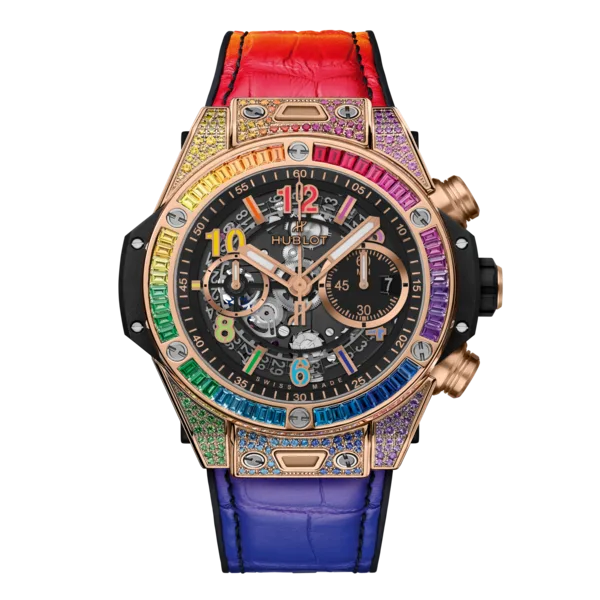 Hublot chronograph with a rainbow gem-set bezel
