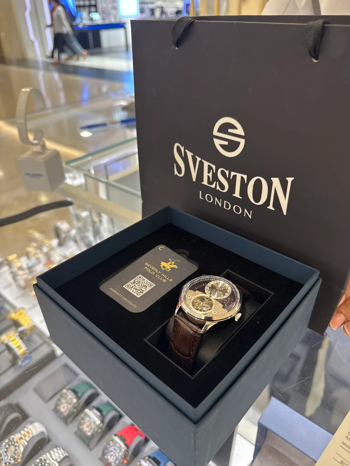 A watch in a SVESTON LONDON presentation box with warranty card
