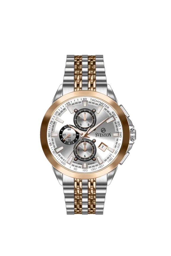 Two-tone rose-gold and steel chronograph watch with a silver dial