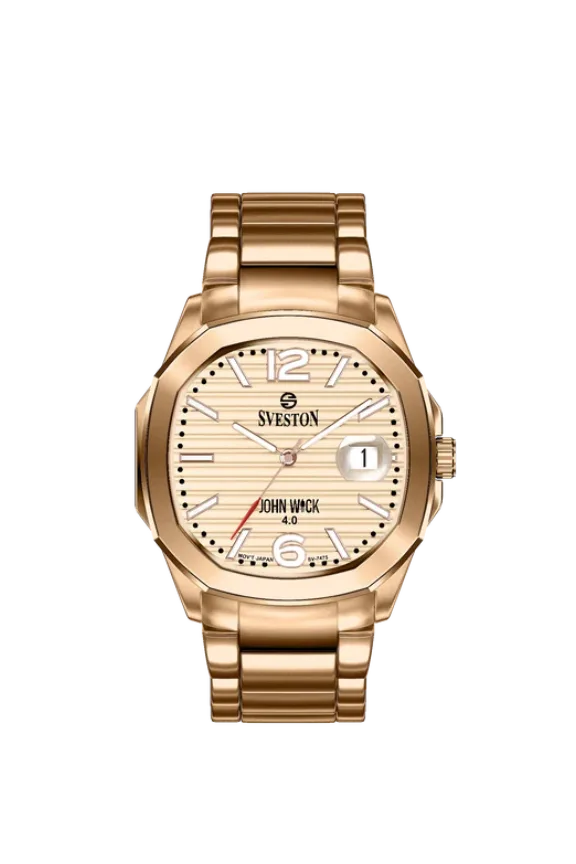 Gold octagonal Sveston watch with a champagne textured dial