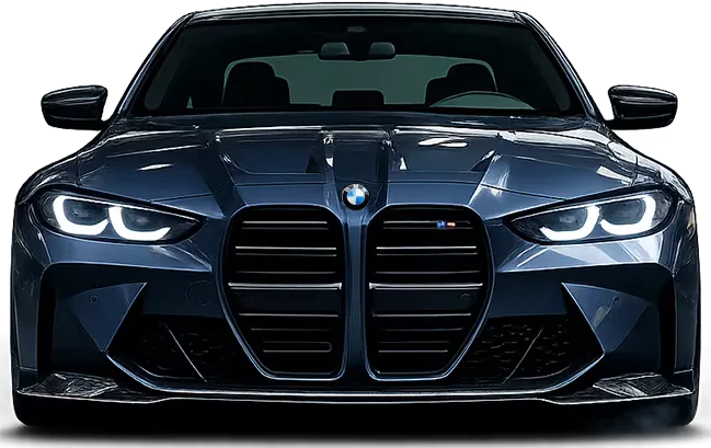 Performance car front-on, ready for service