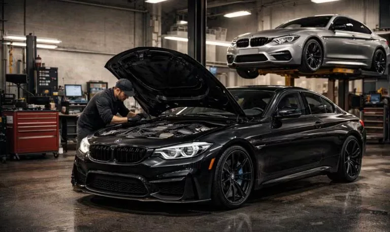 Technician working under the hood of a black BMW M4 at Xclusive Auto Repairing, a second car on the lift behind