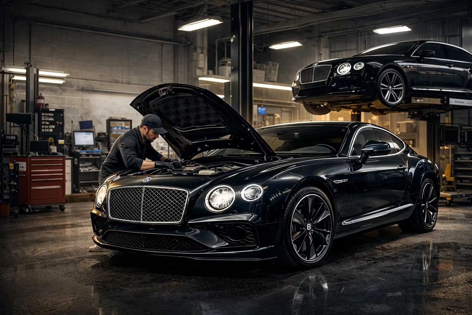 Bentley Continental having its engine bay inspected