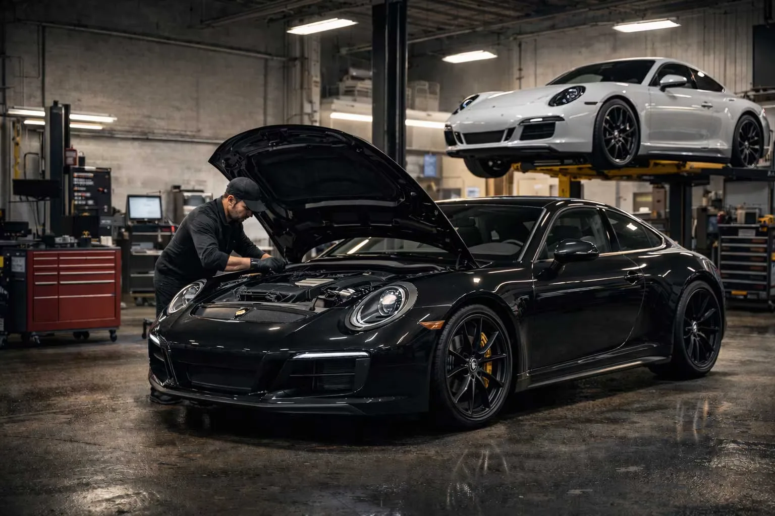 Black Porsche 911 with engine cover open during service