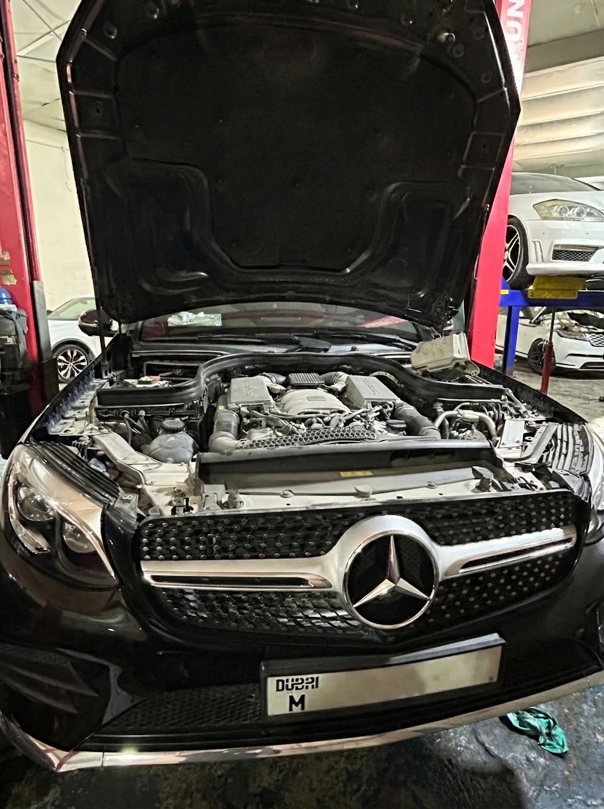Mercedes-Benz engine bay open for diagnostics