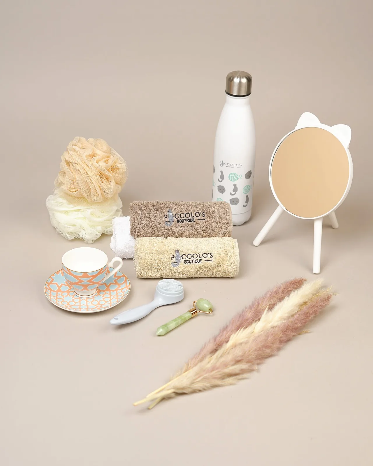 A flat lay of boutique pet spa and care goods