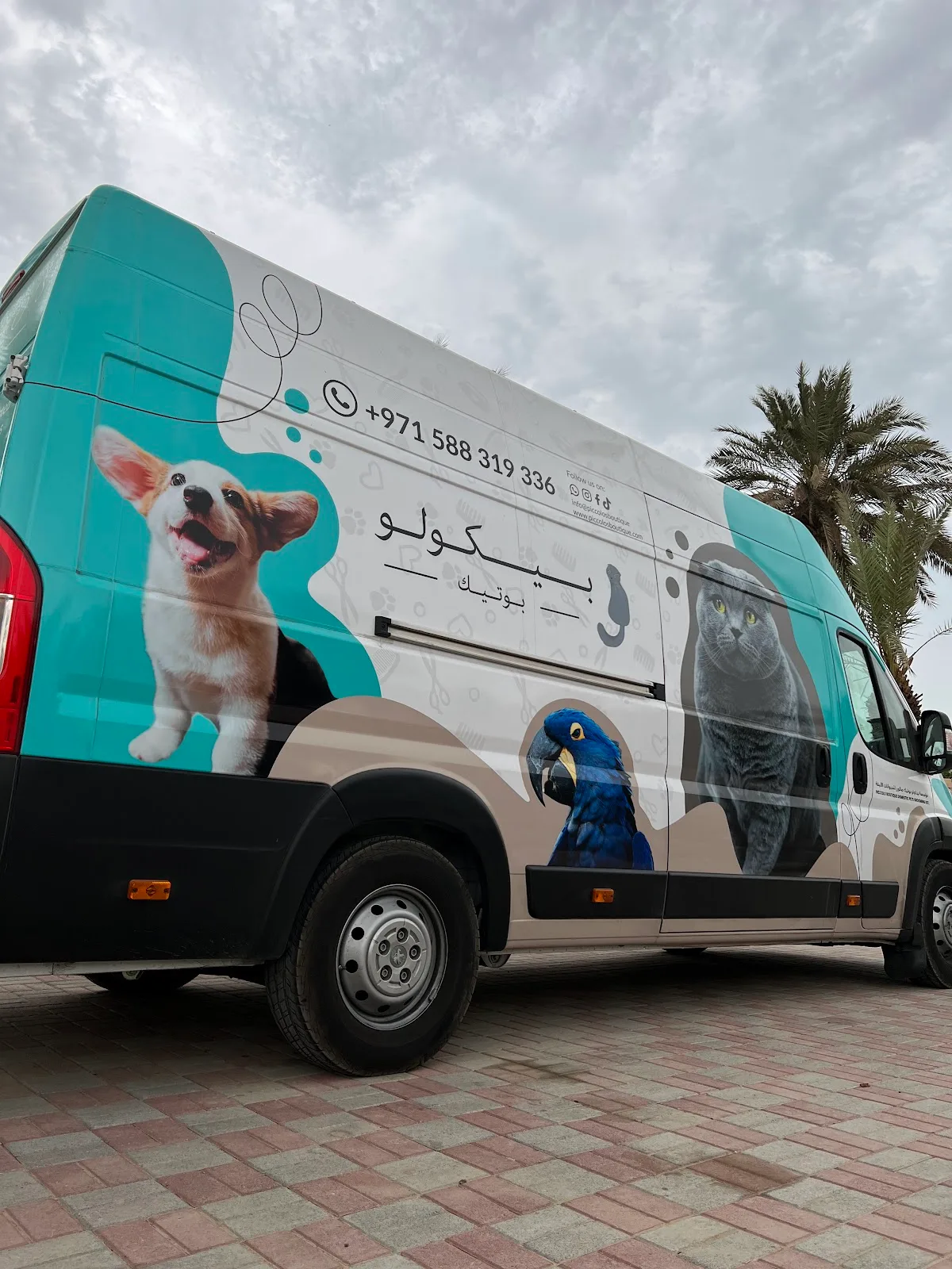 The Piccolo's Boutique mobile grooming van parked outside, wrapped with pet artwork