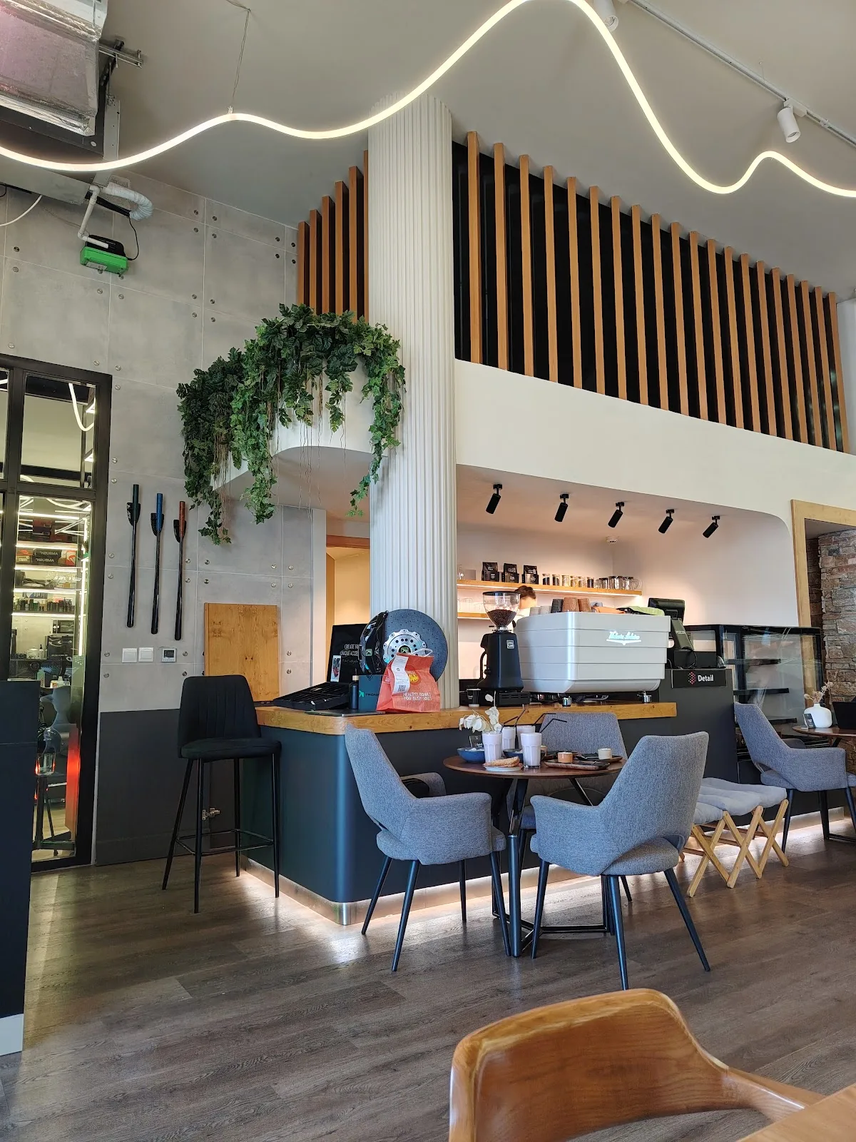 Wide view of the studio's coffee lounge and seating
