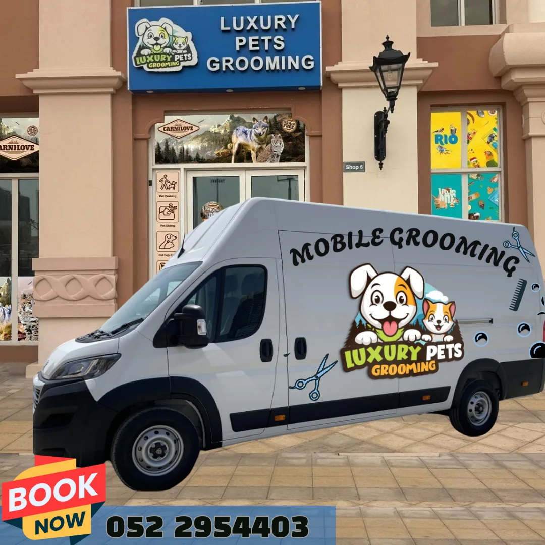 The Luxury Pets Grooming mobile grooming van parked outside the Dubai Sports City shop