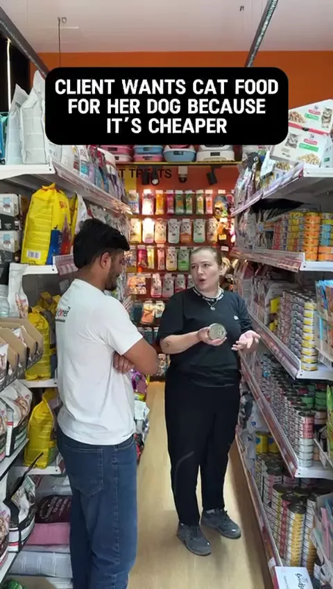 Staff giving honest advice about pet food to a customer