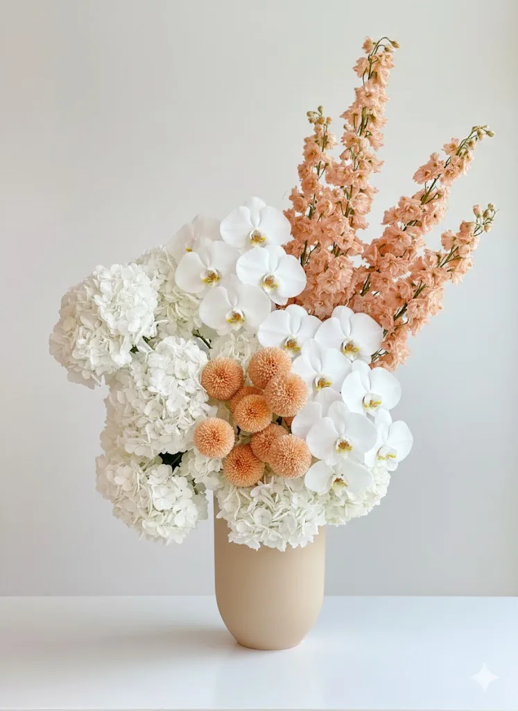 Modern arrangement of white hydrangea, orchids and peach delphinium in a nude vase