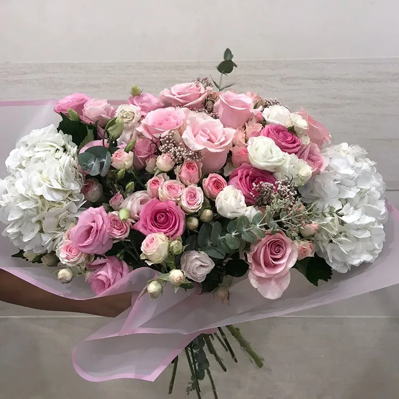 Pink and white wrapped bouquet