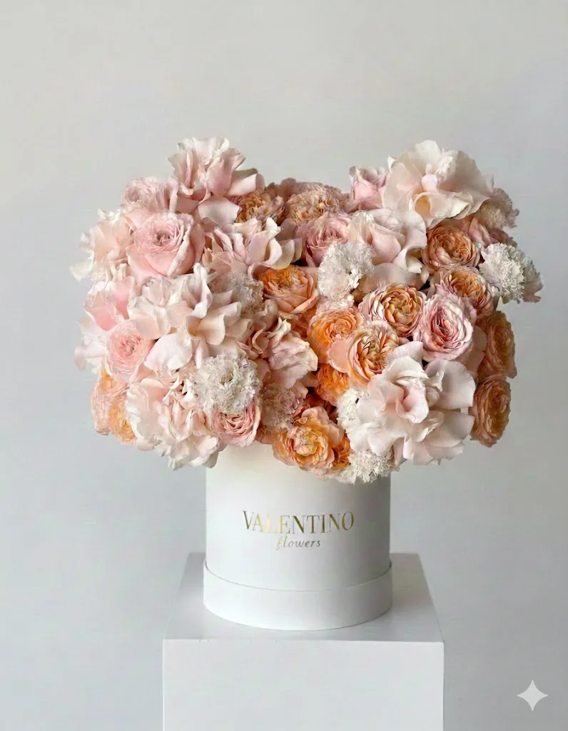 A rounded Valentino Flowers box filled with blush and peach garden roses