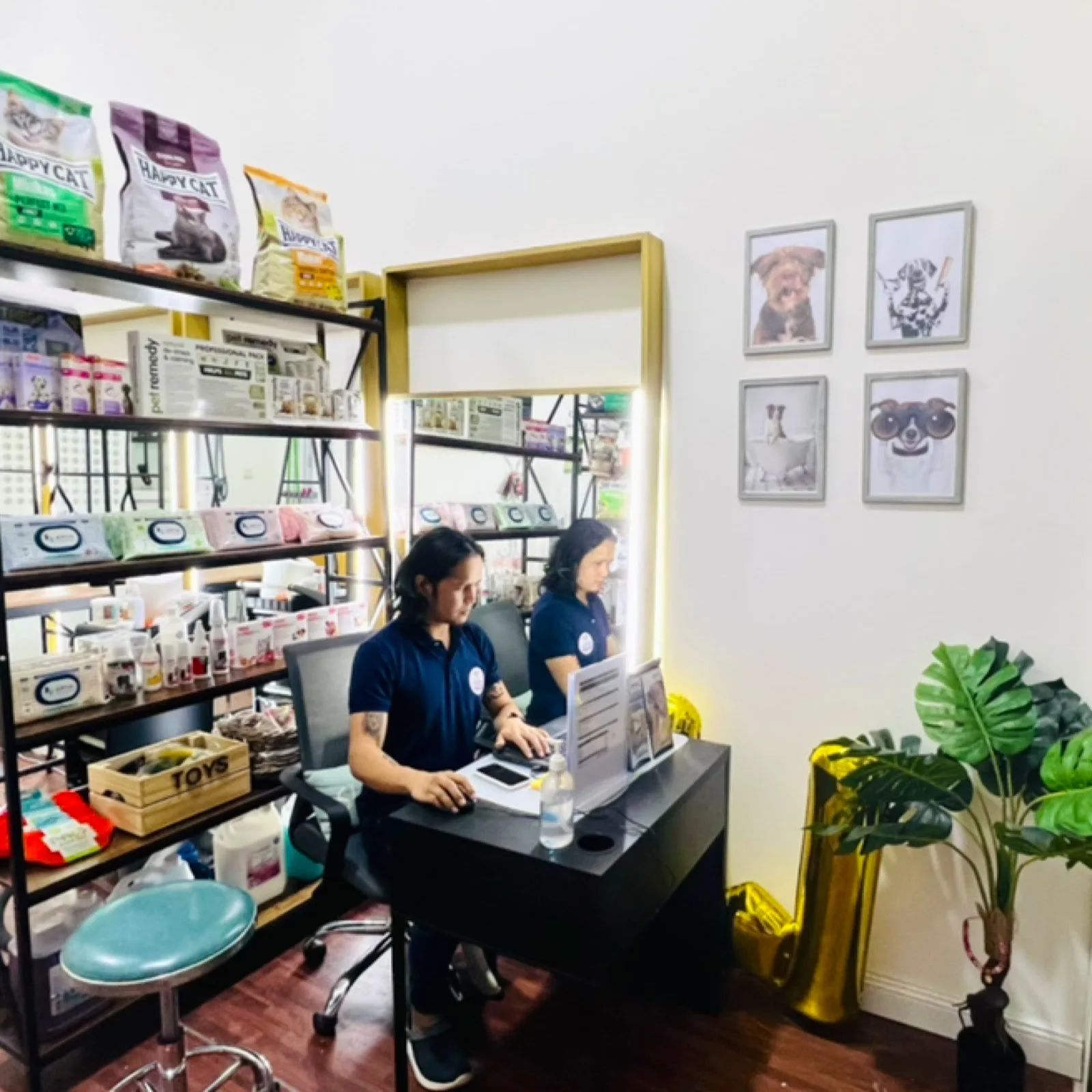 Reception desk with pet food shelves