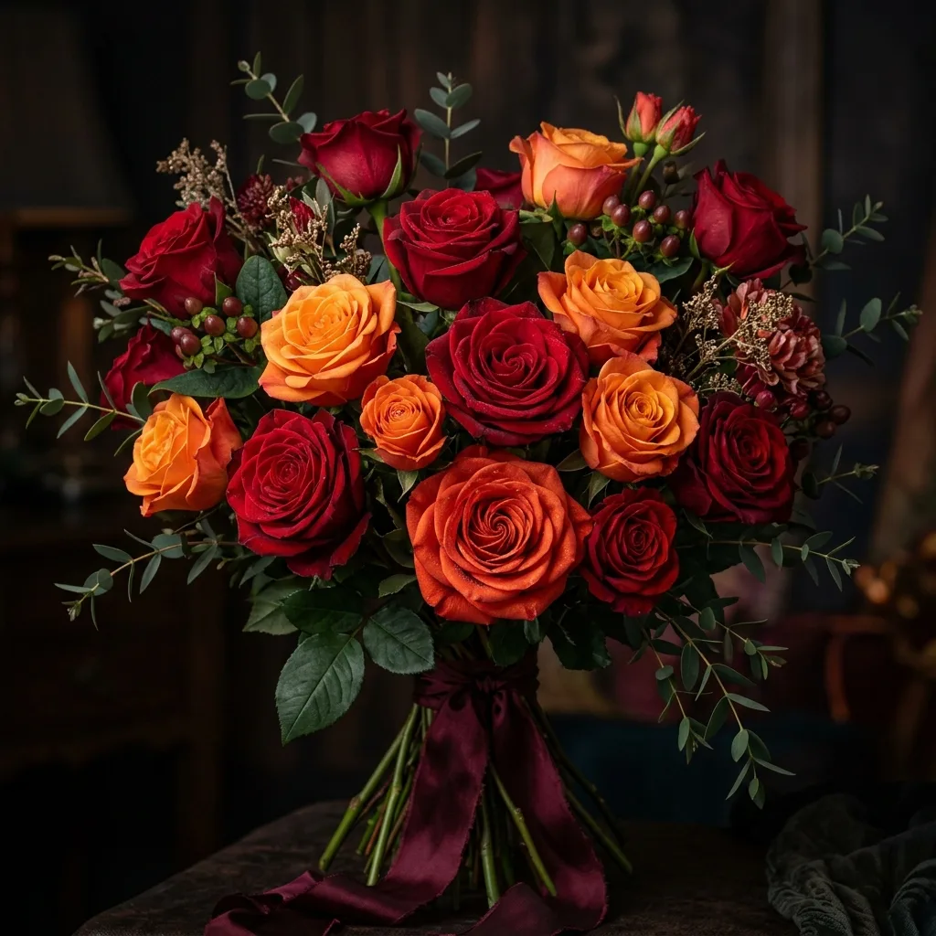 Luxe bouquet of red and coral roses wrapped in dark paper with a burgundy ribbon